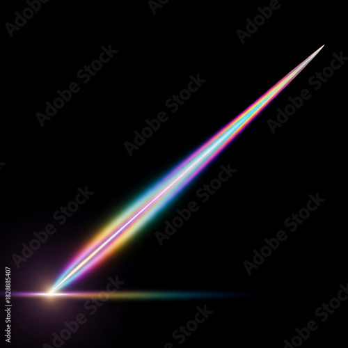 Colorful light beam striking a surface with reflection on black background