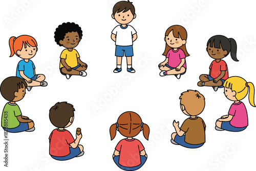 Diverse Group of Children Sitting in a Circle on the Floor Listening to a Boy Standing in the Center, Cartoon Illustration of Education and Communication