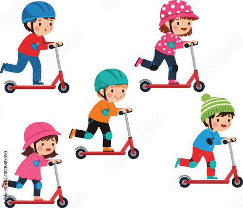 Five Happy Children Wearing Helmets and Pads Safely Riding Kick Scooters, Cartoon Illustration Representing Outdoor Fun, Sports, and Active Play