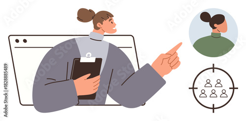 Person holding clipboard points to profile photo and group target within a scope. Ideal for teamwork, recruitment, marketing, strategy, analytics, profiles, and planning in simple flat metaphor