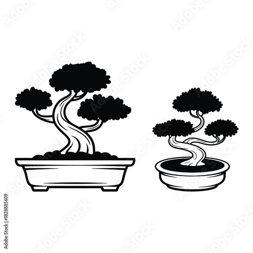 Two stylized black and white bonsai trees in pots