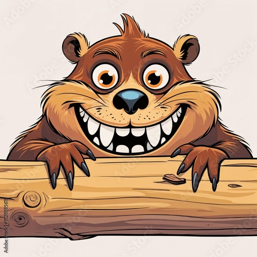 Happy beaver with a piece of wood close view illustration