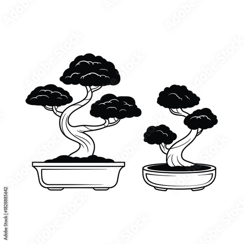 Two stylized bonsai trees in pots black and white illustration