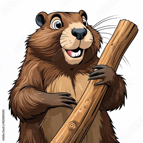 Happy beaver with a piece of wood close view illustration