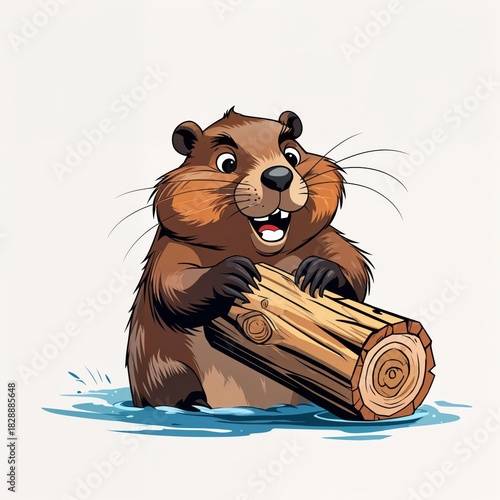 Happy beaver with a piece of wood close view illustration