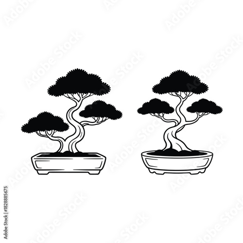 Two stylized black and white bonsai trees in pots