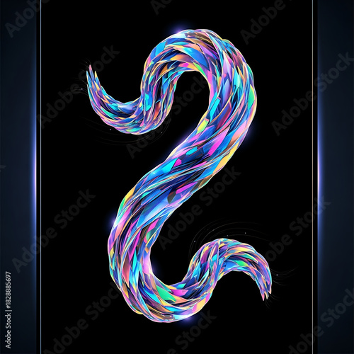 Abstract vibrant twisted number two shape with colorful light on dark background