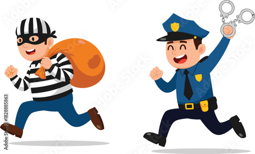 Happy cartoon thief with stolen sack running away while a smiling policeman in uniform chases him with handcuffs to arrest for crime.