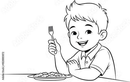 Happy young boy smiling and holding a fork over a plate of food, black and white outline vector cartoon illustration for children's menu and dinner time.