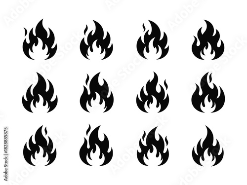 Set of twelve black flame icons isolated on