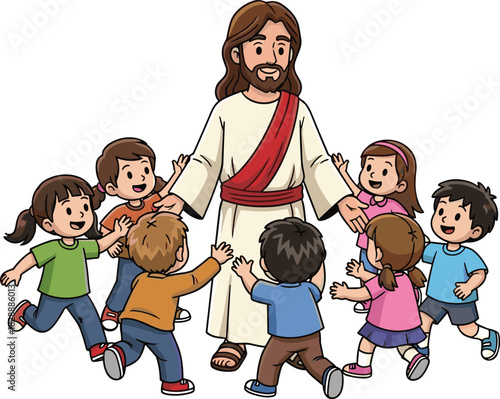 Jesus Christ Standing with Open Arms Welcoming a Group of Happy Children Running Towards Him, Cartoon Illustration Representing Love and Acceptance