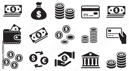 Finance Icons Set – Money, Coins, Banking, Payment, Cash Symbols