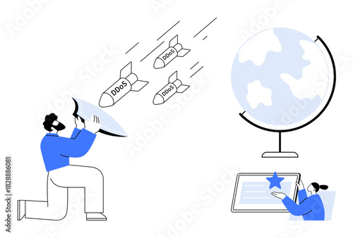 Person deflecting DDOS attack missiles with a shield, globe highlighting international scope, individual securing data on a tablet. Ideal for cybersecurity, protection, technology, online safety