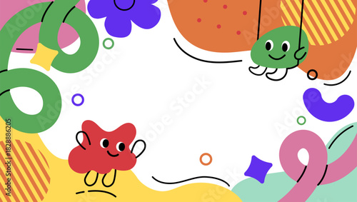 Children background with playful abstract shapes and cute child characters. Colorful child frame for kids posters, banners, preschool materials, templates, educational design and birthday invitations.