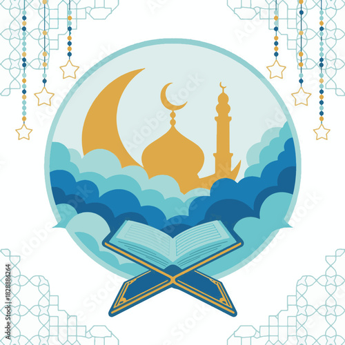 quran holy book open on rehal stand with mosque silhouette crescent moon and clouds circle frame vector illustration