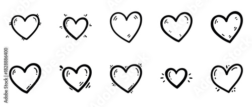 Set of hand-drawn black heart doodles with transparent background, sketchy love icons, romantic symbols, cartoon heart illustrations