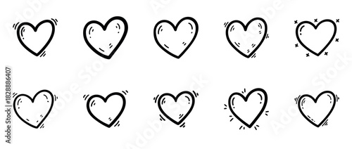 Set of hand-drawn black heart doodles with transparent background, sketchy love icons, romantic symbols, cartoon heart illustrations