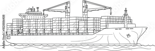 Massive ocean-going container cargo ship loaded with freight and equipped with lifting cranes, black and white vector outline illustration for logistics.
