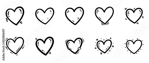 Set of hand-drawn black heart doodles with transparent background, sketchy love icons, romantic symbols, cartoon heart illustrations
