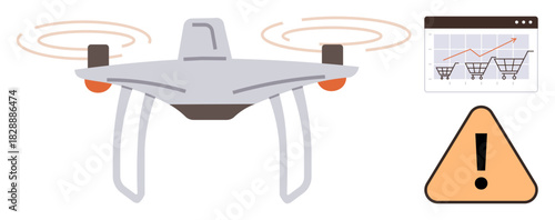 quadcopter in motion, chart with shopping cart data, warning sign. Ideal for ecommerce, technology, surveillance, logistics, safety, retail innovation minimalistic flat metaphor