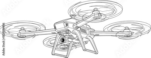 Modern flying quadcopter drone with camera attached, detailed black and white outline vector drawing illustration for technology, surveillance, and hobby concepts.