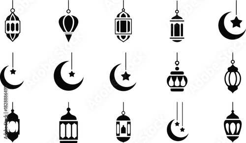 Collection of islamic lanterns and crescent moon icons in black silhouette perfect for ramadan eid and other muslim religious celebrations and designs