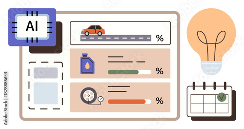 AI module analyzing car performance data, oil levels, tire pressure, and schedules. Ideal for transportation, monitoring, data analysis, AI technology, automotive trends optimization simple flat