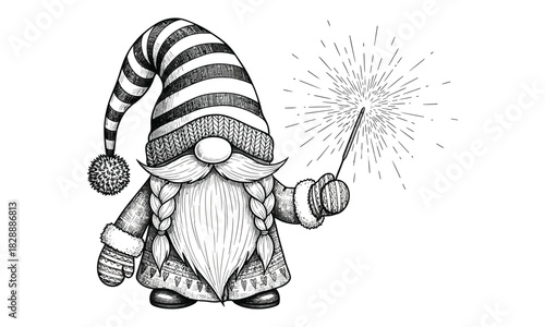 A whimsical hand-drawn gnome holding a glowing sparkler illustrated in a detailed black and white sketch style with festive storybook charm