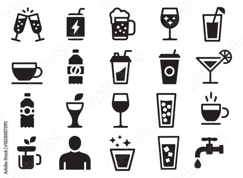 Beverage Icons Collection – Drinks, Glasses, Cups, Juice, Coffee Symbols