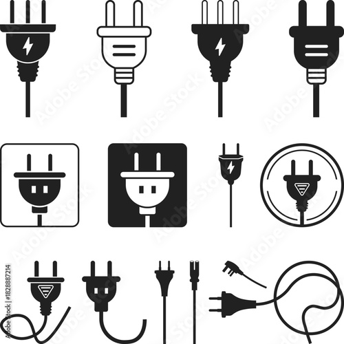 Electrical Plugs Icon Set Silhouette, UK and USA electrical plugs with cables in silhouette, Electric plugs icon symbol set collection Vector Illustration