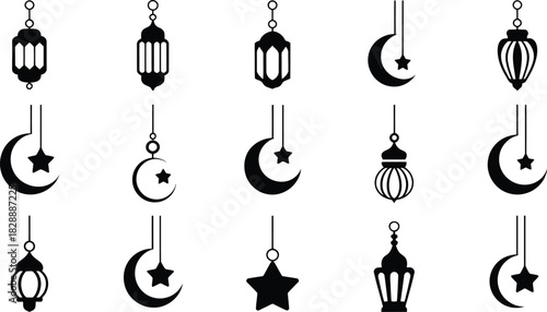Elegant ramadan kareem icons set featuring traditional lanterns crescent moons and stars in a minimalist black and white vector design