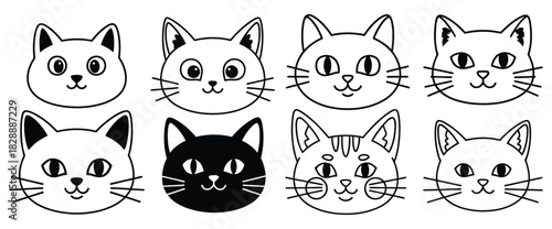 Collection of hand drawn cat faces in doodle style