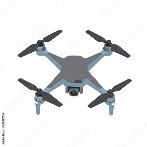 Modern Gray Drone With Camera Ready For Flight Isolated On Black Background Flat Vector Art Clean Sticker Style 2d