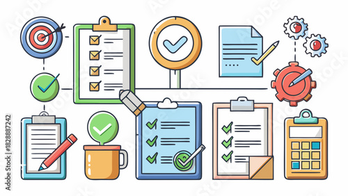 Illustrated checklist approval icons with pencil and mug