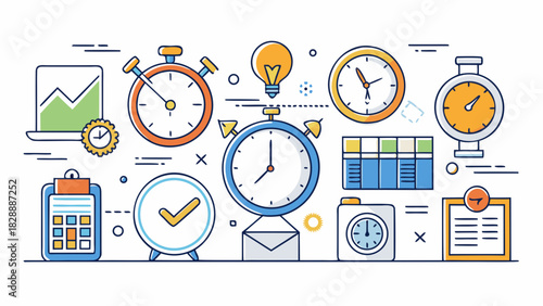 Illustrated clocks and timers representing time management concepts