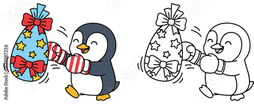 Cute cartoon penguin boxer punching a Christmas gift bag, coloring book page for kids, split colorful and outline vector illustration for children education