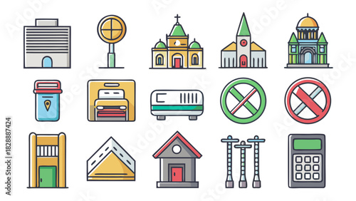 A set of minimalist public facility and transport icons