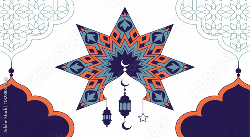 islamic ornament background design with star geometric pattern mosque dome crescent moon and hanging lanterns vector illustration