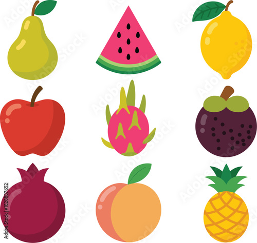 Colorful Tropical and Common Fruit Vector Icon Set Featuring Dragon Fruit, Mangosteen, Pear, Watermelon, Apple, Pomegranate, and Pineapple Illustration.