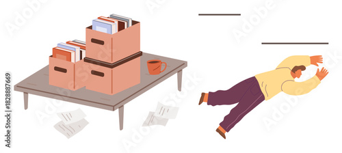 Worker slipping near a table with storage boxes of files, scattered papers, and a plant pot. Ideal for safety, work balance, risk prevention, organization, hazards, accidents simple flat metaphor