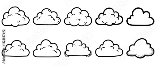 Collection of hand drawn cartoon cloud icons with transparent background, sketch style doodle weather elements for design and illustration use