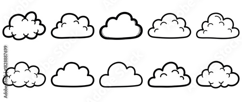 Collection of hand drawn cartoon cloud icons with transparent background, sketch style doodle weather elements for design and illustration use