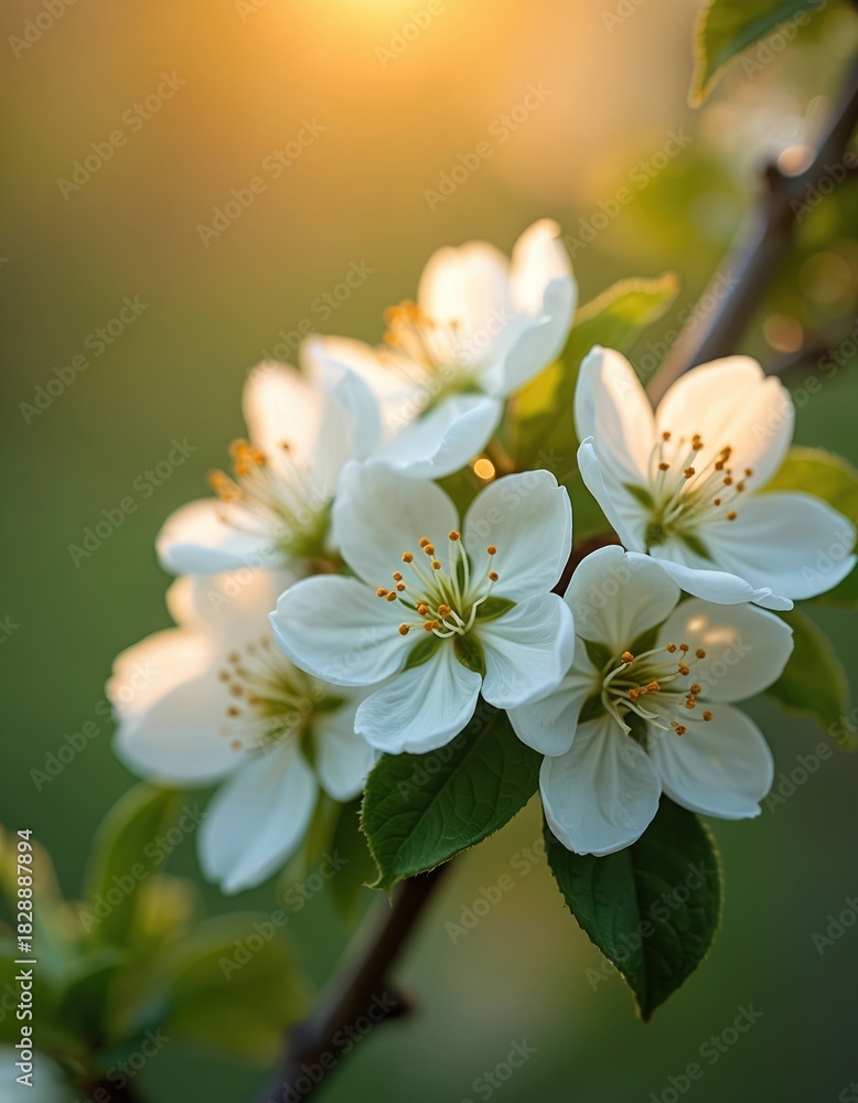 Obraz premium White apple blossoms open on tree branch in warm sunset light. Soft green blurred background with golden sun flare. Spring awakening, natural beauty.