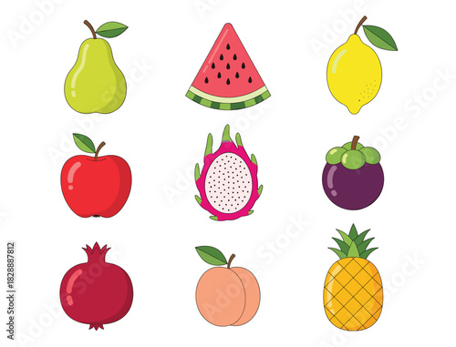 Colorful Tropical and Common Fruit Vector Icon Set Featuring Dragon Fruit, Mangosteen, Pear, Watermelon, Apple, Pomegranate, and Pineapple Illustration.
