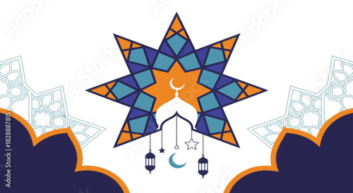 islamic ornament background design with star geometric pattern mosque dome crescent moon and hanging lanterns vector illustration