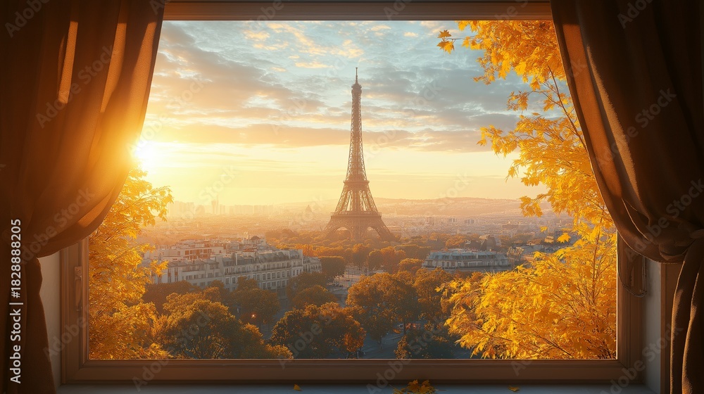 Fototapeta premium Parisian View Through Window: Gaze upon the iconic Eiffel Tower bathed in the soft glow of dawn, framed by a window and warm autumnal foliage, inviting a sense of peace and a whisper of wanderlust.