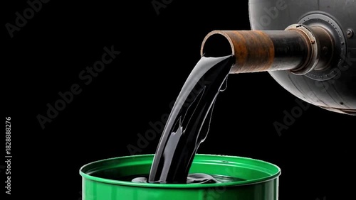 Video, crude oil flowing from a pipe into green oil barrels for an illustration of the oil extraction industry, transparent background 