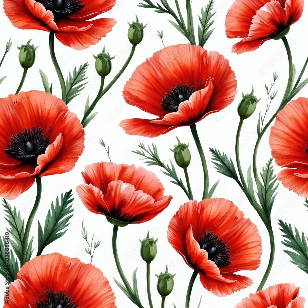 Obraz premium Watercolor red poppies seamless pattern on isolated white background. Floral illustration with blooming flowers, green leaves, buds. Botanical drawing for nature inspired fabric print, textile