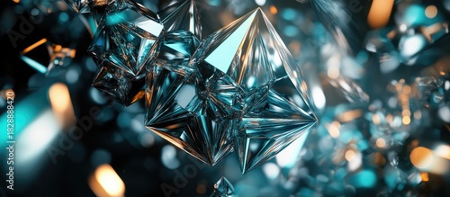 Abstract Crystal Cluster: Teal and Gold Reflections, Geometric Precision