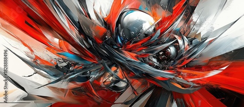 Abstract Explosion: Dynamic Red, Silver, and Black Digital Artwork